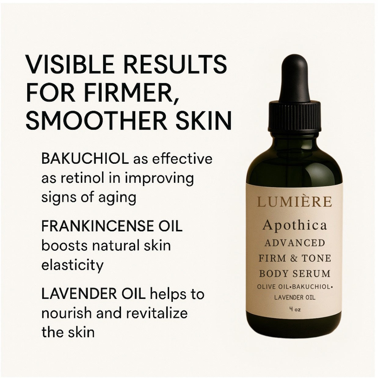 Lumière Apotheca – Advanced Firm & Tone Body Serum with Olive Oil, Bakuchiol & Lavender Oil